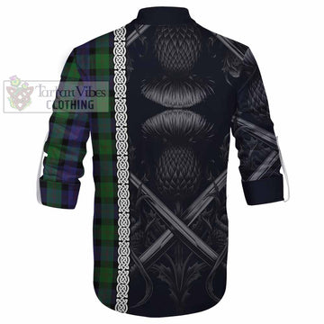 Tartan Vibes Clothing Blair Tartan Ghillie Kilt Shirt with Family Crest Cross Sword Thistle Celtic Vibes