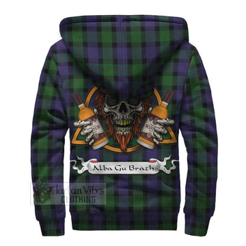 Blair Tartan Sherpa Hoodie with Family Crest and Bearded Skull Holding Bottles of Whiskey