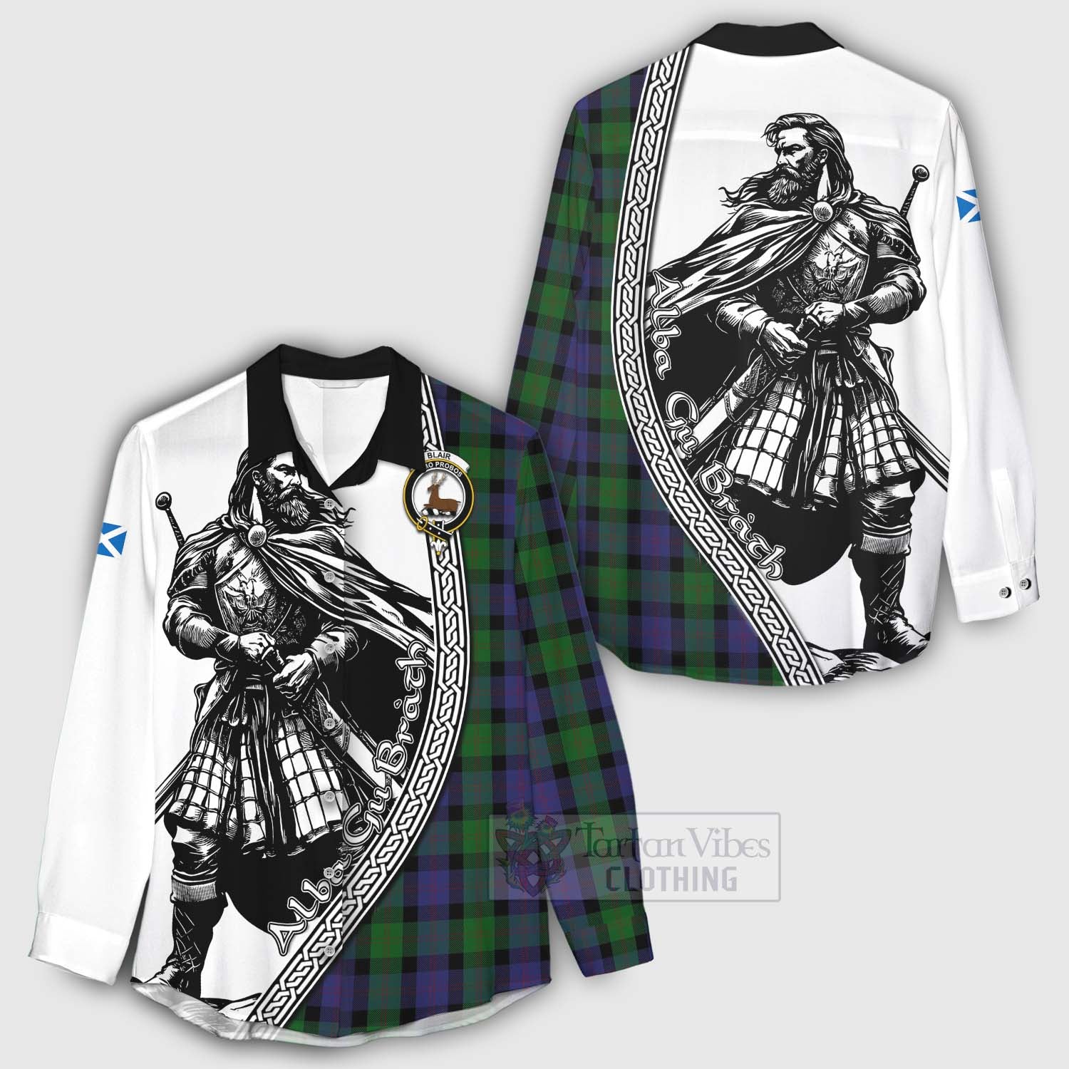 Tartan Vibes Clothing Blair Tartan Clan Crest Women's Casual Shirt with Highlander Warrior Celtic Style
