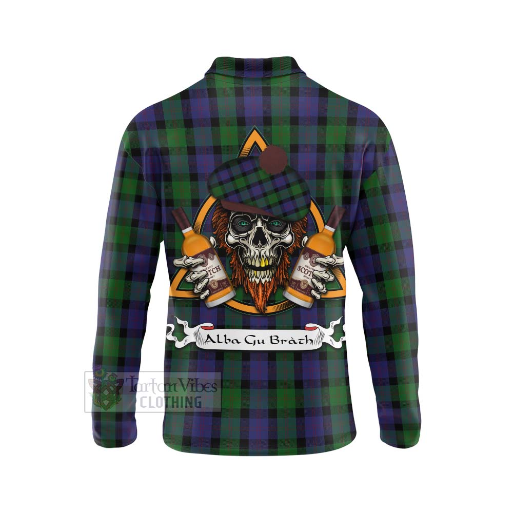 Tartan Vibes Clothing Blair Tartan Long Sleeve Polo Shirt with Family Crest and Bearded Skull Holding Bottles of Whiskey