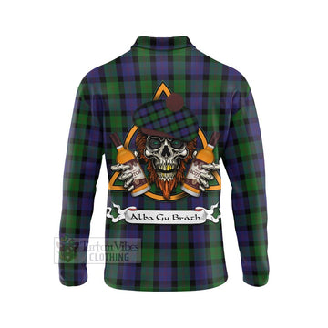 Tartan Vibes Clothing Blair Tartan Long Sleeve Polo Shirt with Family Crest and Bearded Skull Holding Bottles of Whiskey