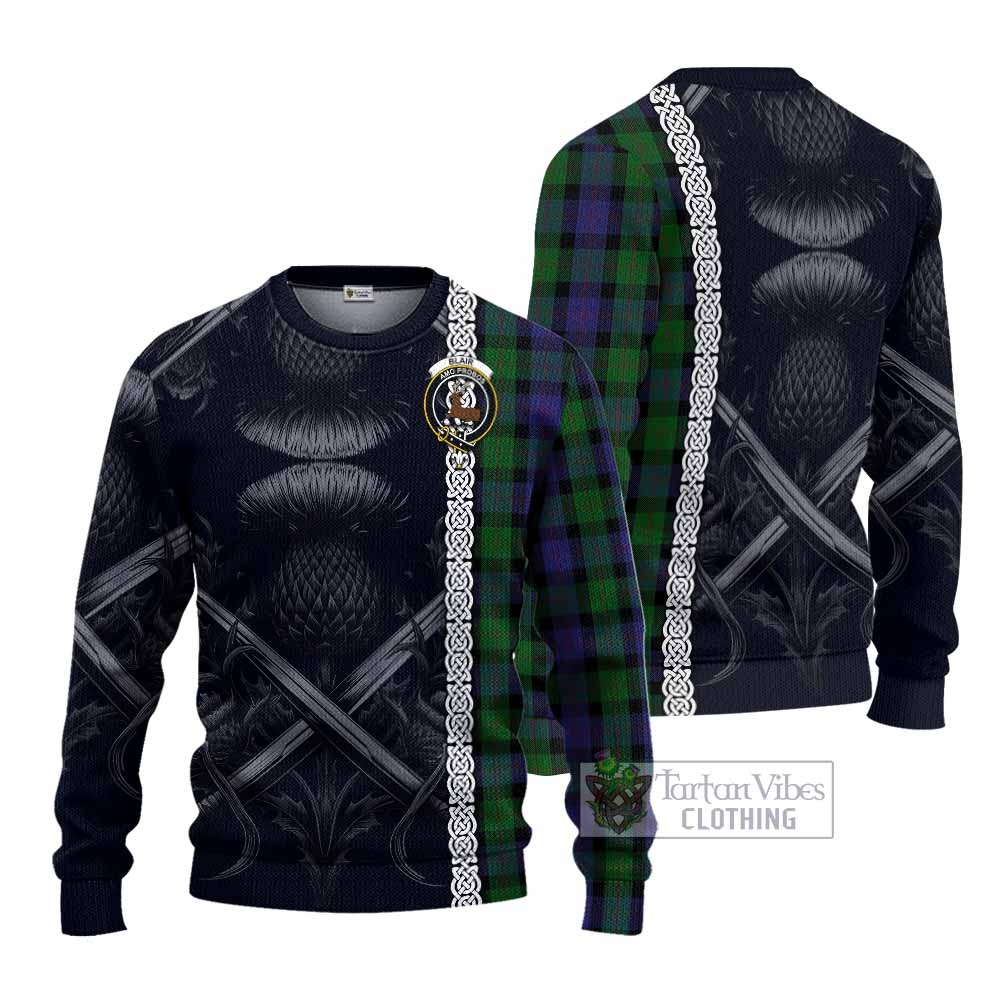Tartan Vibes Clothing Blair Tartan Knitted Sweater with Family Crest Cross Sword Thistle Celtic Vibes