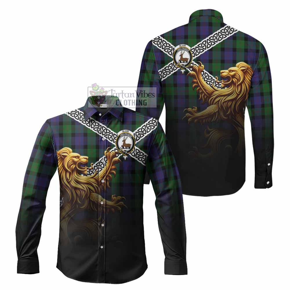 Tartan Vibes Clothing Blair Crest Tartan Long Sleeve Button Shirt with Golden Lion Emblem Celtic Style