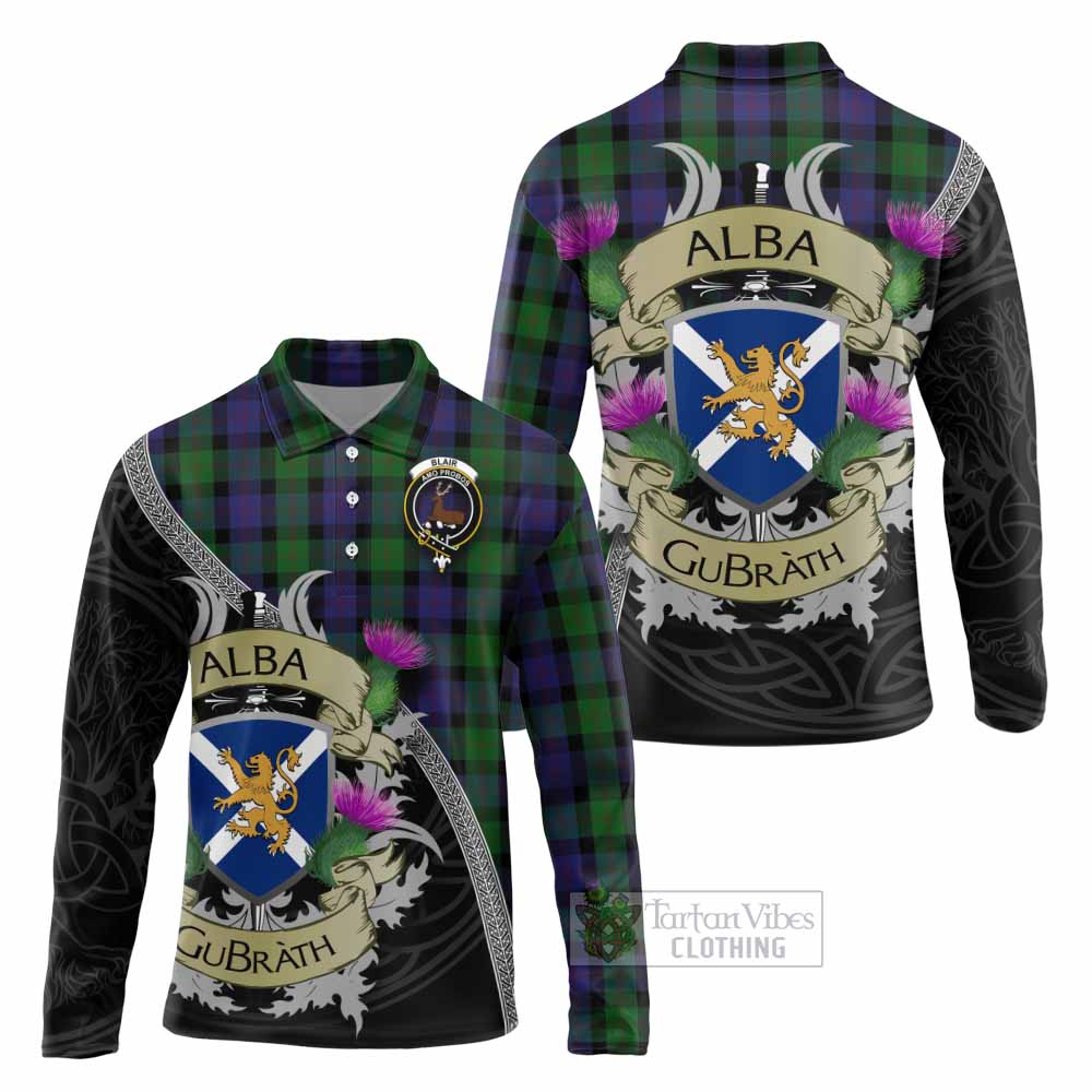 Tartan Vibes Clothing Blair Tartan Family Crest Long Sleeve Polo Shirt Lion Rampant Royal Thistle Shield Celtic Inspired