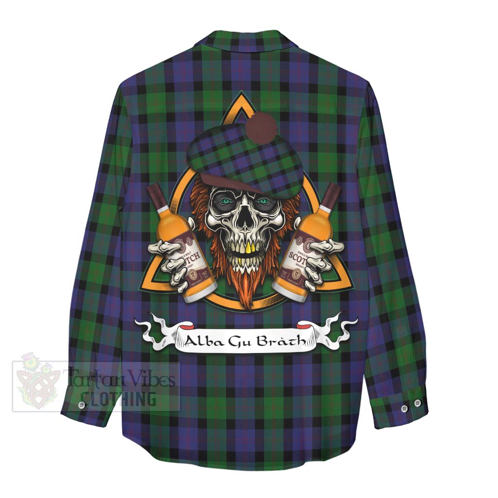 Tartan Vibes Clothing Blair Tartan Women's Casual Shirt with Family Crest and Bearded Skull Holding Bottles of Whiskey