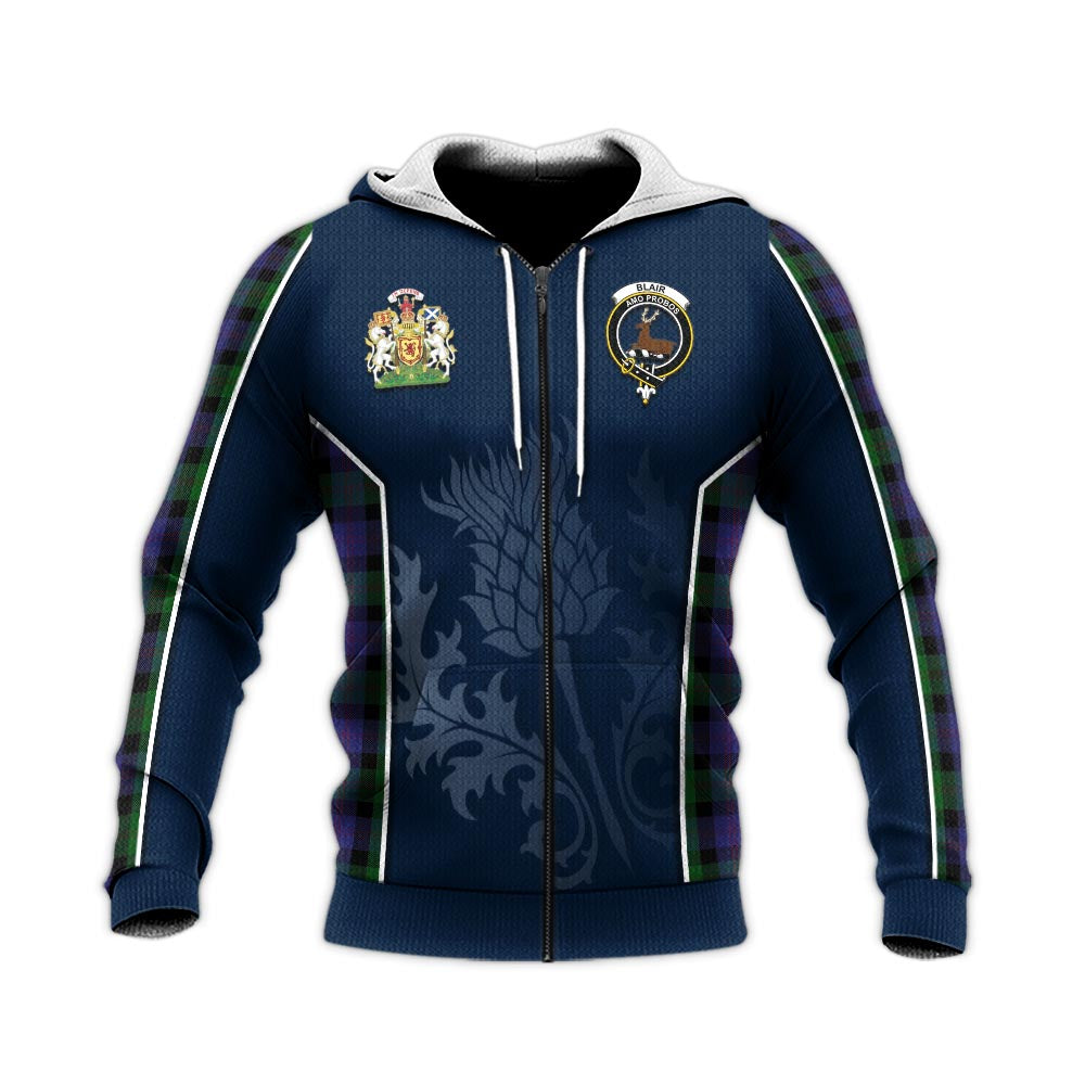 Tartan Vibes Clothing Blair Tartan Knitted Hoodie with Family Crest and Scottish Thistle Vibes Sport Style