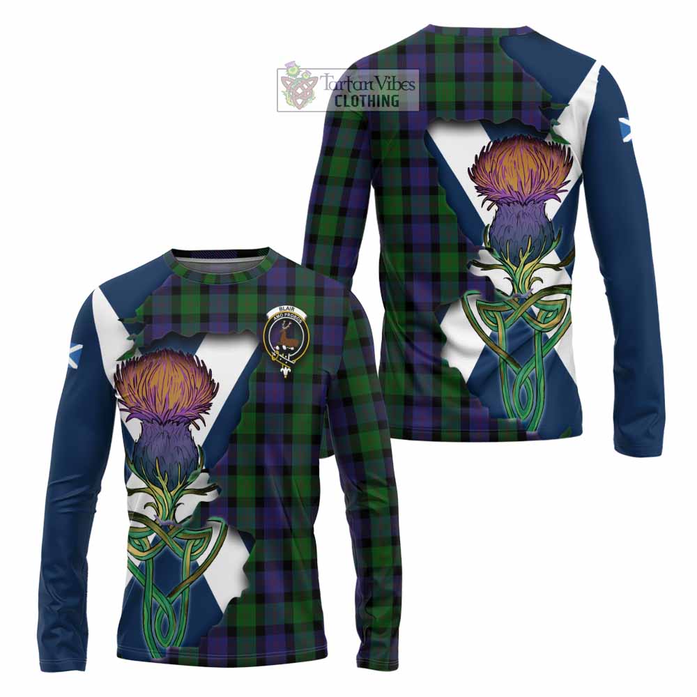 Tartan Vibes Clothing Blair Tartan Family Crest Long Sleeve T-Shirt Scottish Thistle Celtic Inspired
