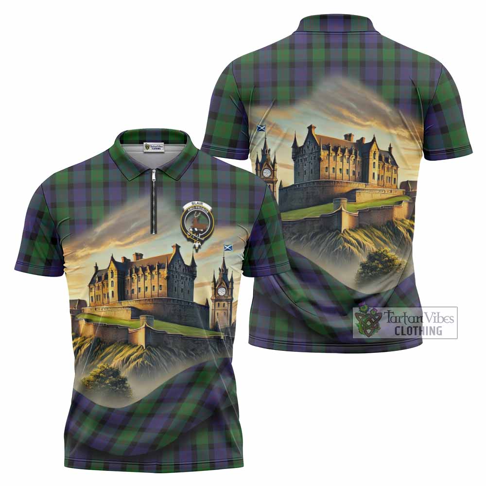 Tartan Vibes Clothing Blair Tartan Family Crest Zipper Polo Shirt with Scottish Ancient Castle Stype