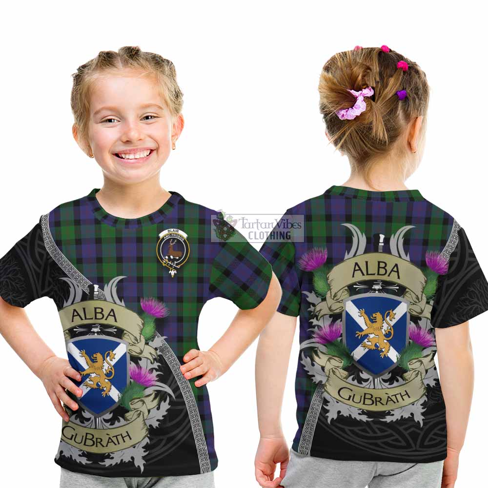 Tartan Vibes Clothing Blair Tartan Family Crest Kid T-Shirt Lion Rampant Royal Thistle Shield Celtic Inspired