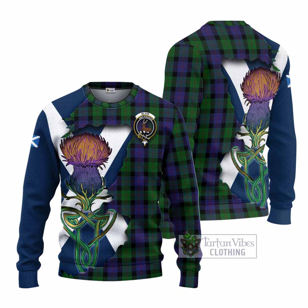 Tartan Vibes Clothing Blair Tartan Family Crest Knitted Sweater Scottish Thistle Celtic Inspired