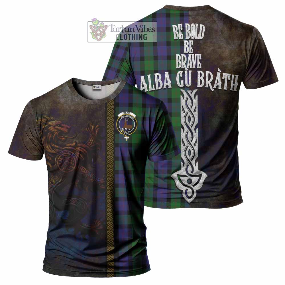 Tartan Vibes Clothing Blair Tartan Family Crest T-Shirt Alba Gu Brath Be Brave Lion Ancient Style