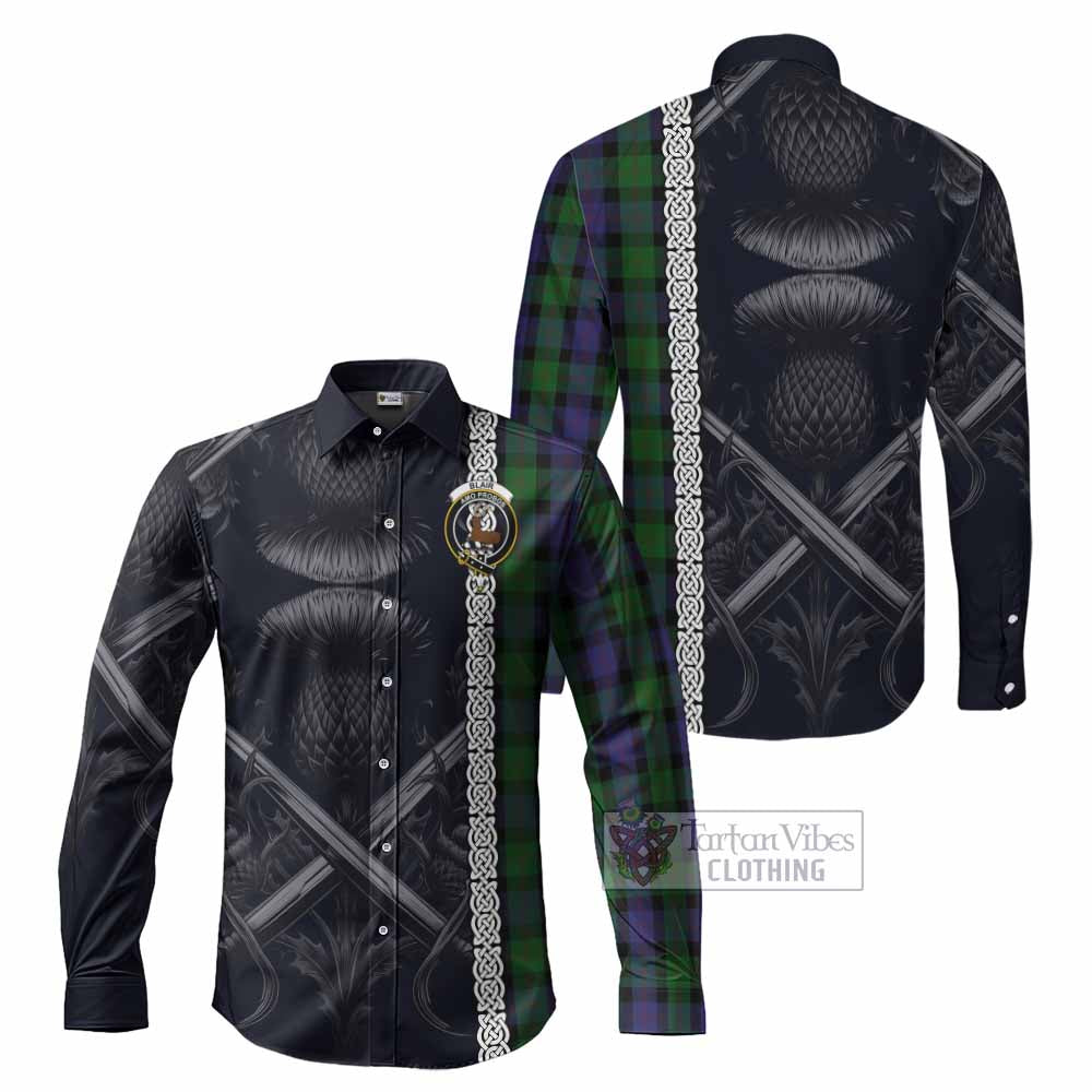 Tartan Vibes Clothing Blair Tartan Long Sleeve Button Shirt with Family Crest Cross Sword Thistle Celtic Vibes