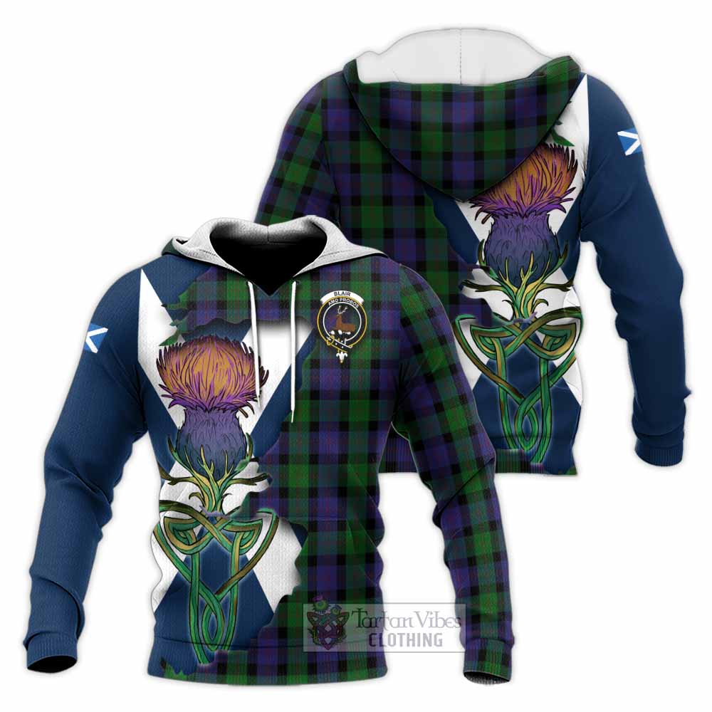 Tartan Vibes Clothing Blair Tartan Family Crest Knitted Hoodie Scottish Thistle Celtic Inspired