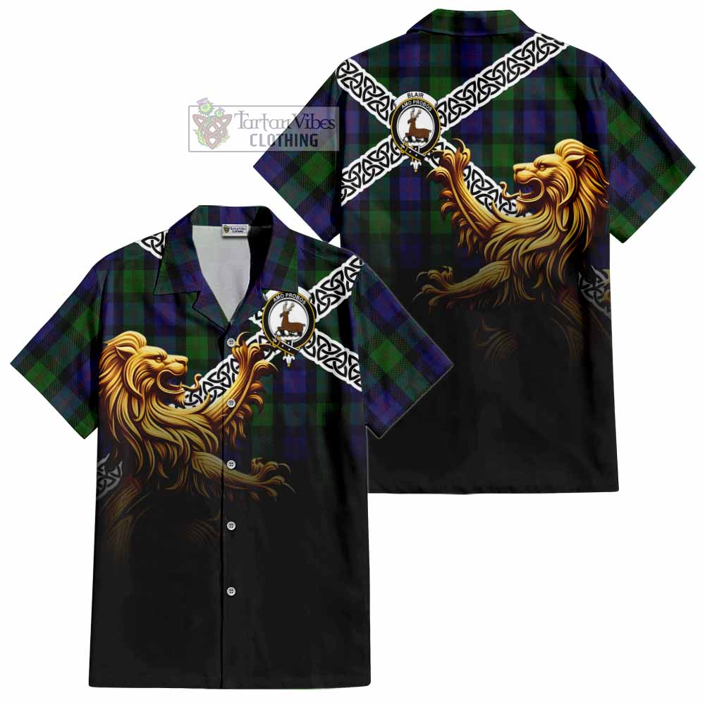 Tartan Vibes Clothing Blair Crest Tartan Short Sleeve Button Shirt with Golden Lion Emblem Celtic Style