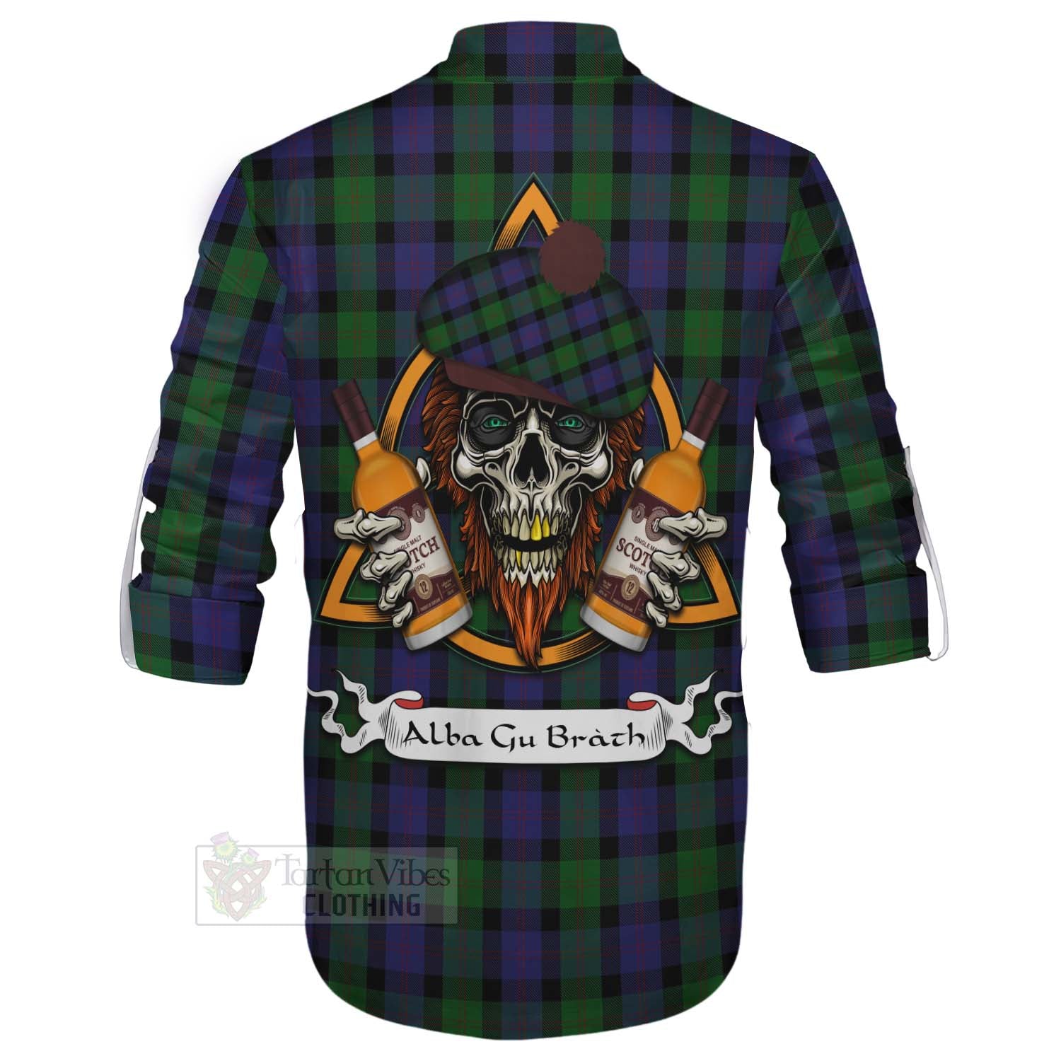 Tartan Vibes Clothing Blair Tartan Ghillie Kilt Shirt with Family Crest and Bearded Skull Holding Bottles of Whiskey