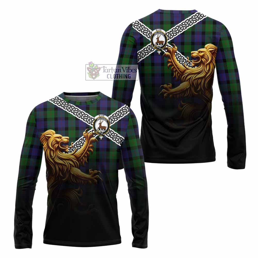 Tartan Vibes Clothing Blair Crest Tartan Long Sleeve T-Shirt with Golden Lion Emblem Celtic Style