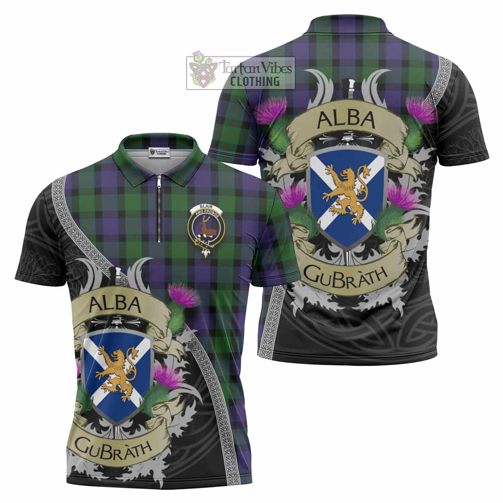 Tartan Vibes Clothing Blair Tartan Family Crest Zipper Polo Shirt Lion Rampant Royal Thistle Shield Celtic Inspired