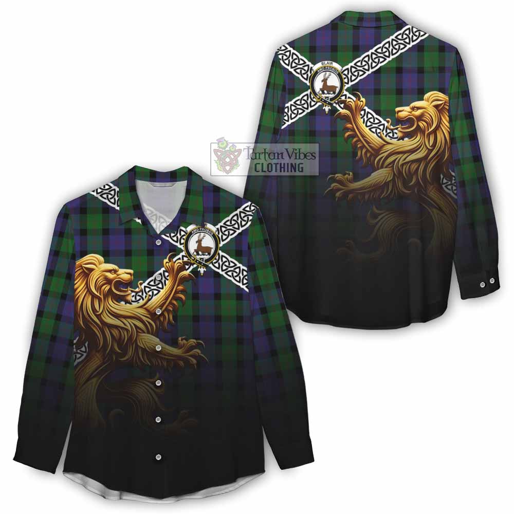 Tartan Vibes Clothing Blair Crest Tartan Women's Casual Shirt with Golden Lion Emblem Celtic Style