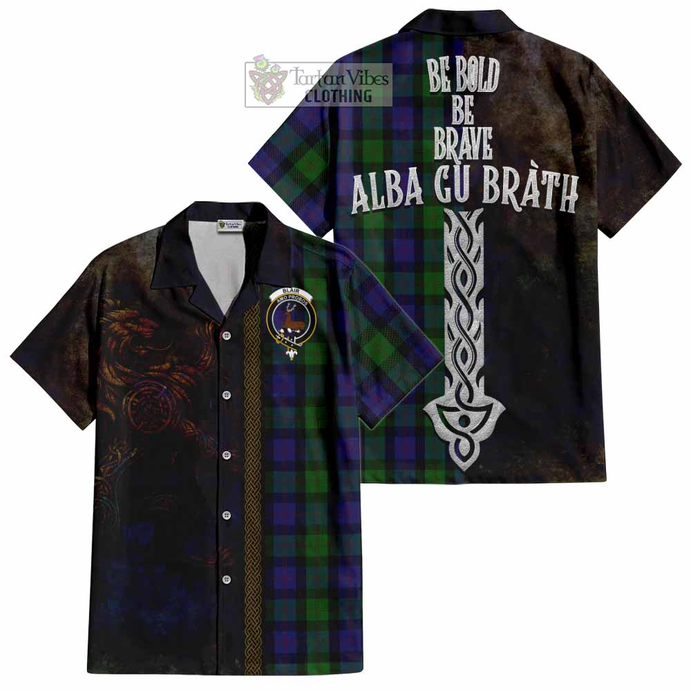 Tartan Vibes Clothing Blair Tartan Family Crest Short Sleeve Button Shirt Alba Gu Brath Be Brave Lion Ancient Style