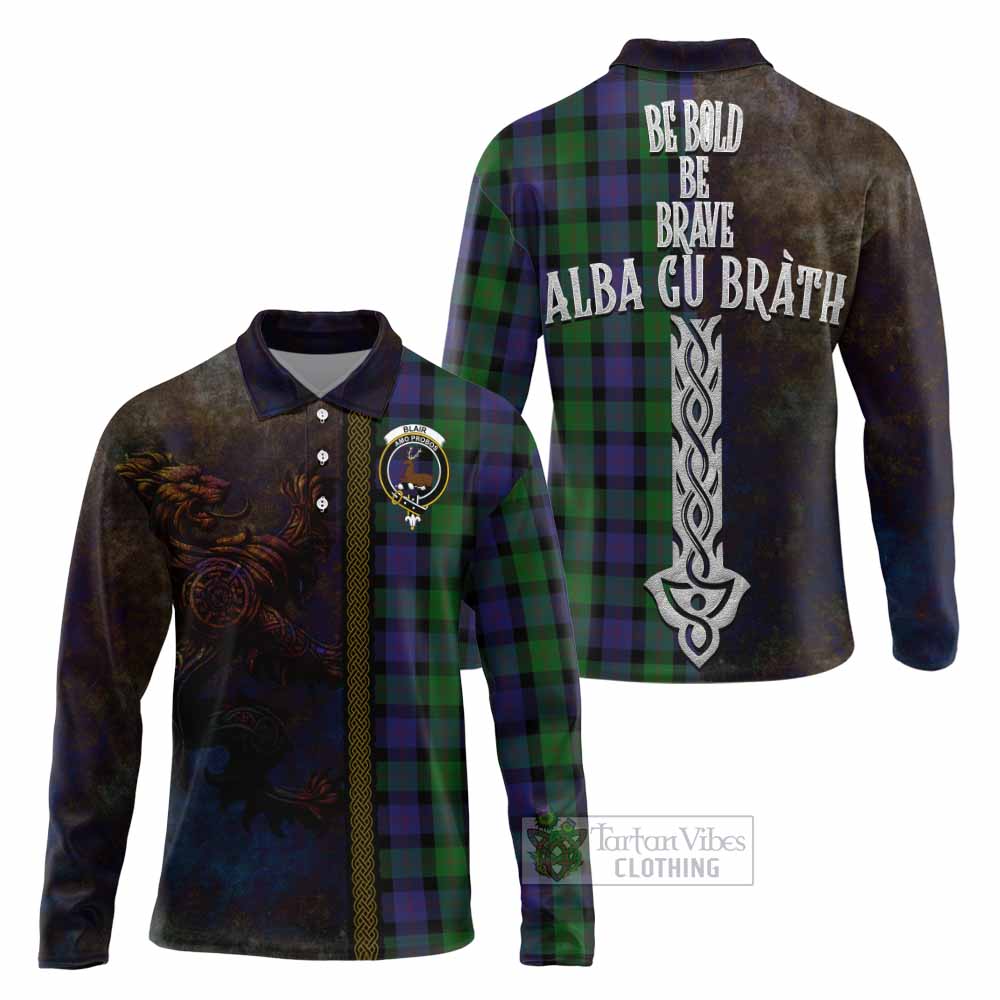 Tartan Vibes Clothing Blair Tartan Family Crest Long Sleeve Polo Shirt Alba Gu Brath Be Brave Lion Ancient Style