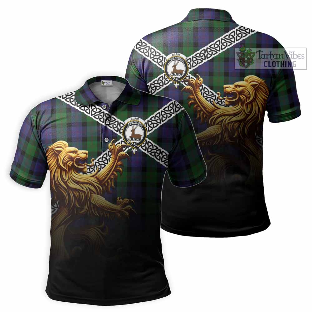 Tartan Vibes Clothing Blair Crest Tartan Polo Shirt with Golden Lion Emblem Celtic Style