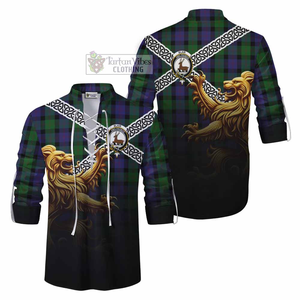 Tartan Vibes Clothing Blair Crest Tartan Ghillie Kilt Shirt with Golden Lion Emblem Celtic Style