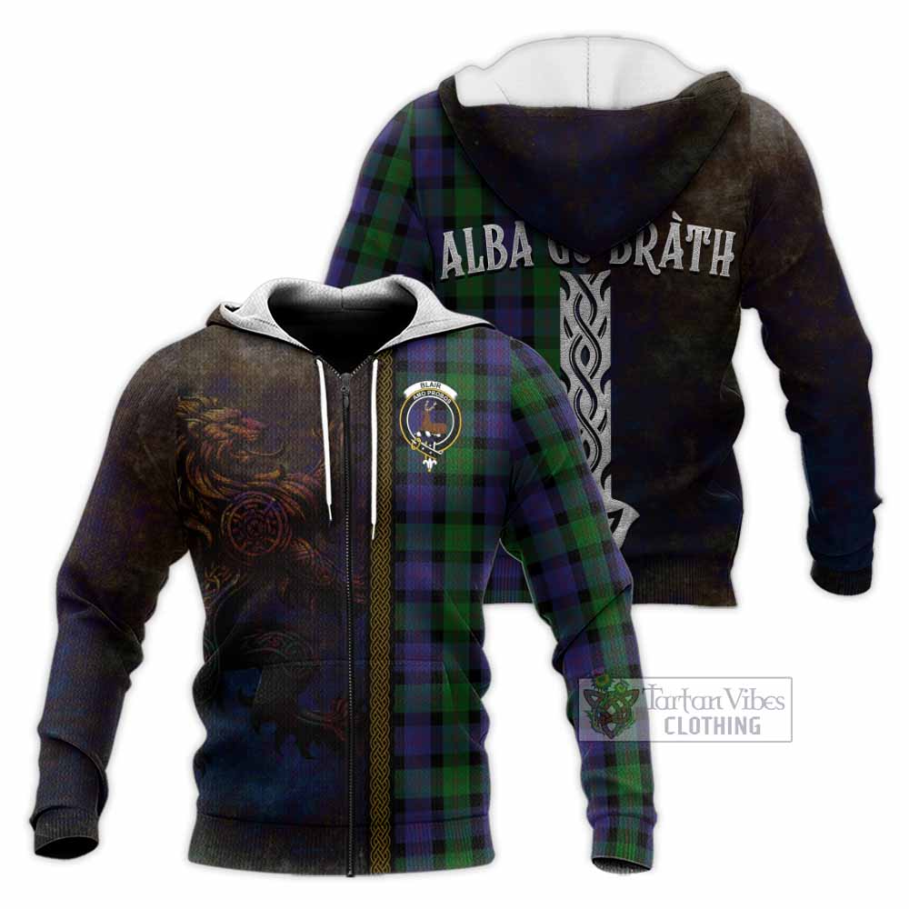Tartan Vibes Clothing Blair Tartan Family Crest Knitted Hoodie Alba Gu Brath Be Brave Lion Ancient Style