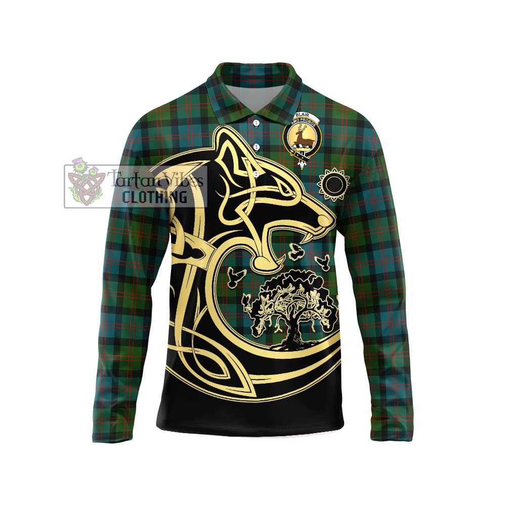 Blair Ancient Tartan Long Sleeve Polo Shirt with Family Crest Celtic Wolf Style Unisex - Tartan Vibes Clothing