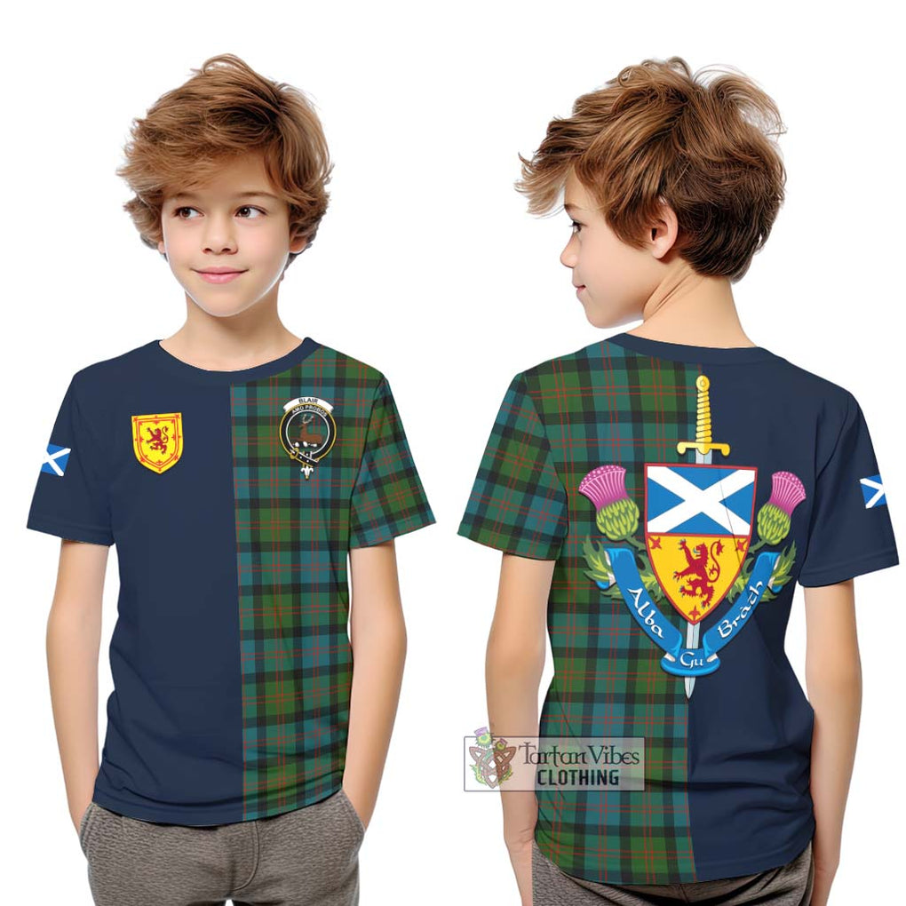 Tartan Vibes Clothing Blair Ancient Tartan Kid T-Shirt with Scottish Lion Royal Arm Half Style