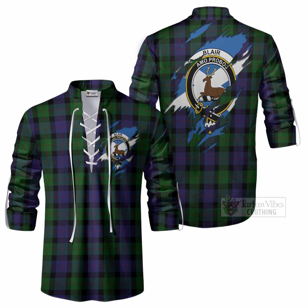 Blair Clan Crest In Me Tartan Ghillie Shirt Scotland Flag Style