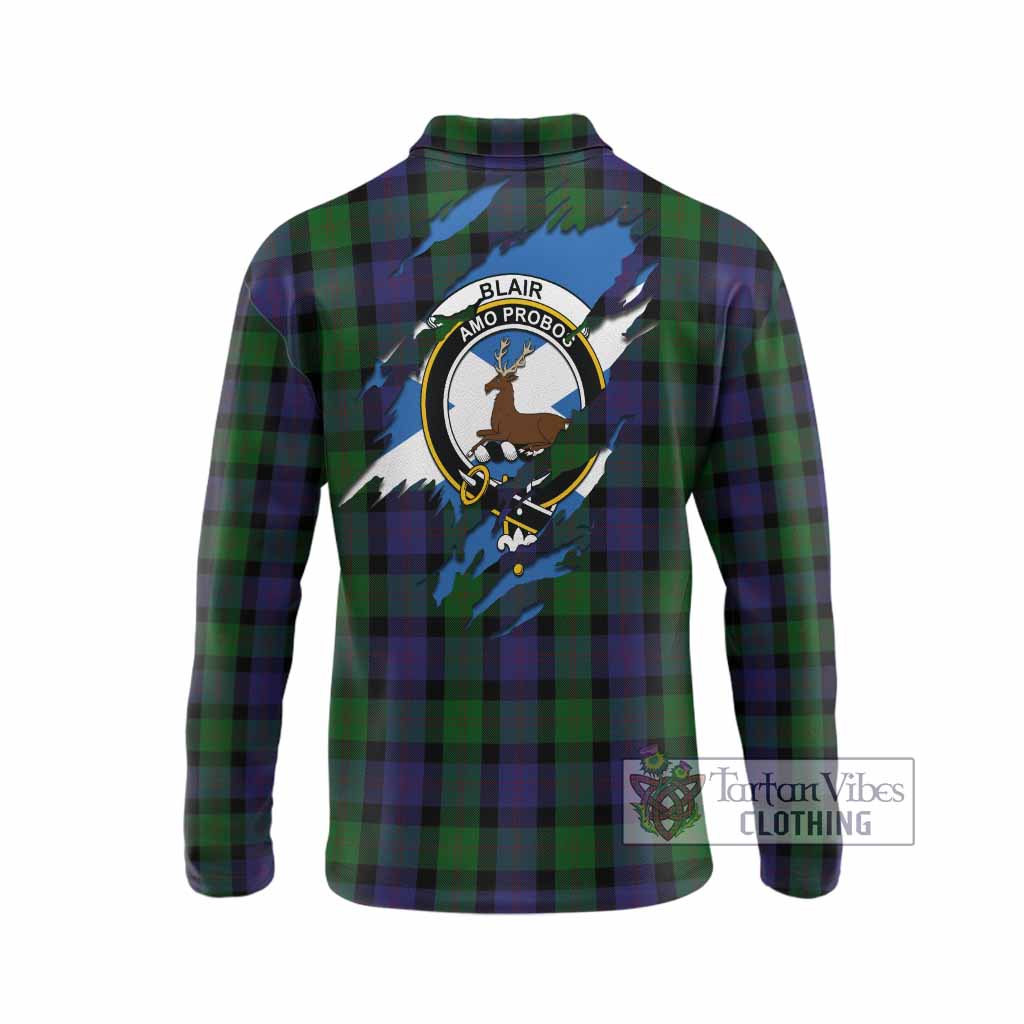 Blair Clan Crest In Me Tartan Long Sleeve Polo Shirt Scotland Flag Style