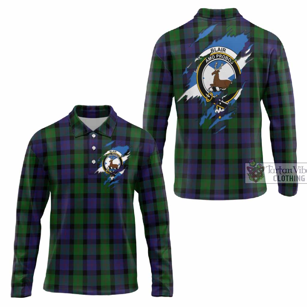 Blair Clan Crest In Me Tartan Long Sleeve Polo Shirt Scotland Flag Style