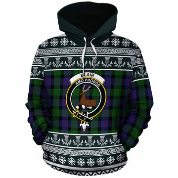 Blair Clan Tartan Christmas Cotton Hoodie with Family Crest