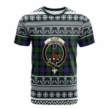 Blair Clan Tartan Christmas Cotton T-shirt with Family Crest