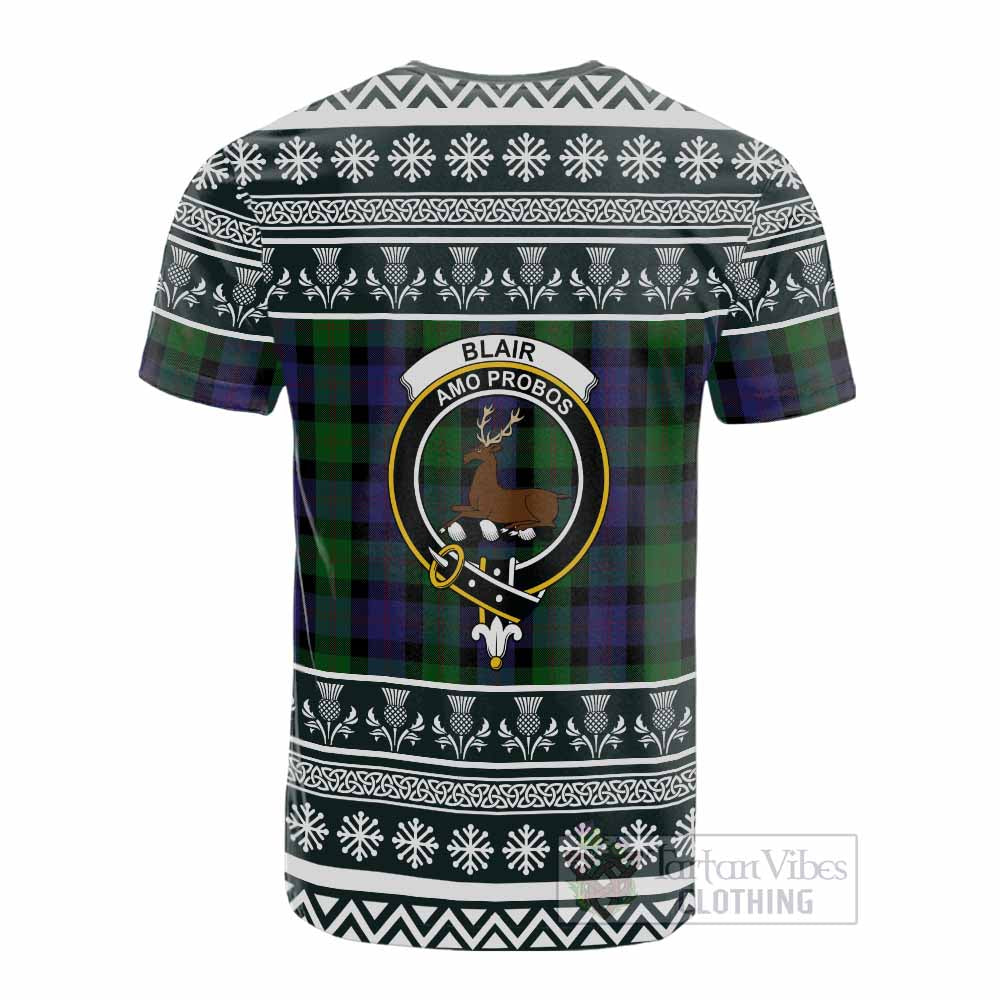 Blair Clan Tartan Christmas Cotton T-shirt with Family Crest - Tartan Vibes Clothing