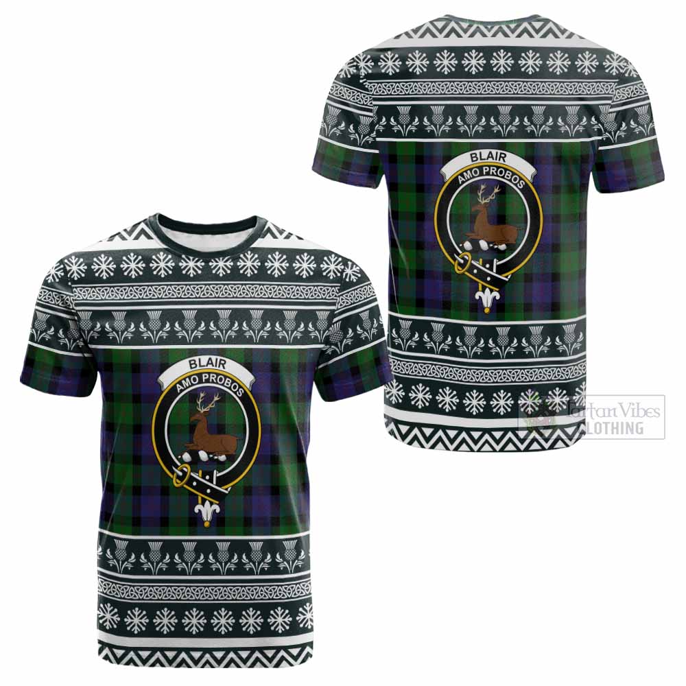 Blair Clan Tartan Christmas Cotton T-shirt with Family Crest - Tartan Vibes Clothing