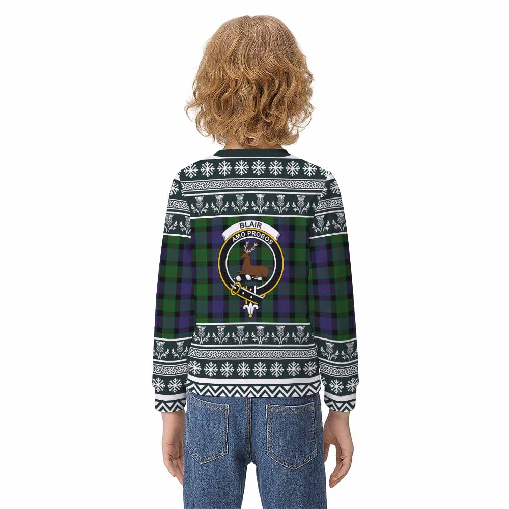 Blair Clan Tartan Christmas Kid Ugly Sweatshirt with Family Crest - Tartan Vibes Clothing