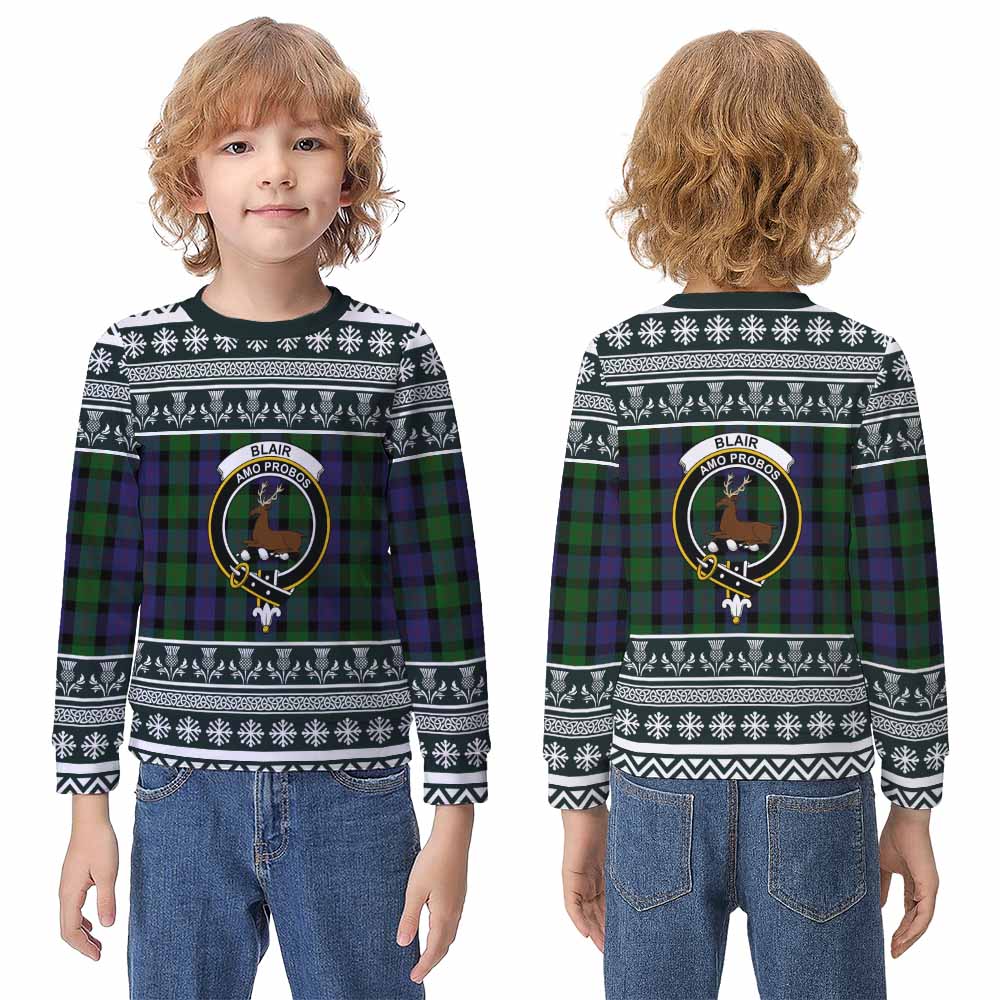 Blair Clan Tartan Christmas Kid Ugly Sweatshirt with Family Crest - Tartan Vibes Clothing