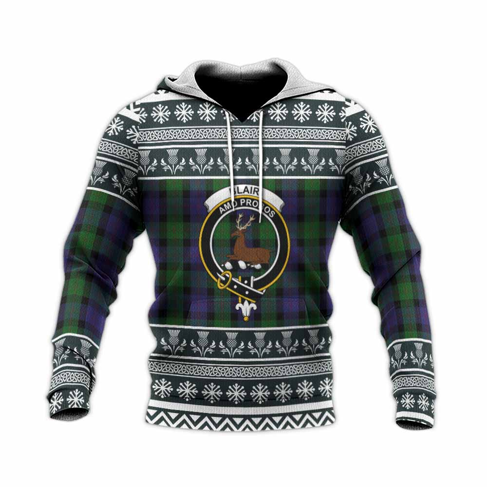 Blair Clan Tartan Christmas Knitted Hoodie with Family Crest - Tartan Vibes Clothing