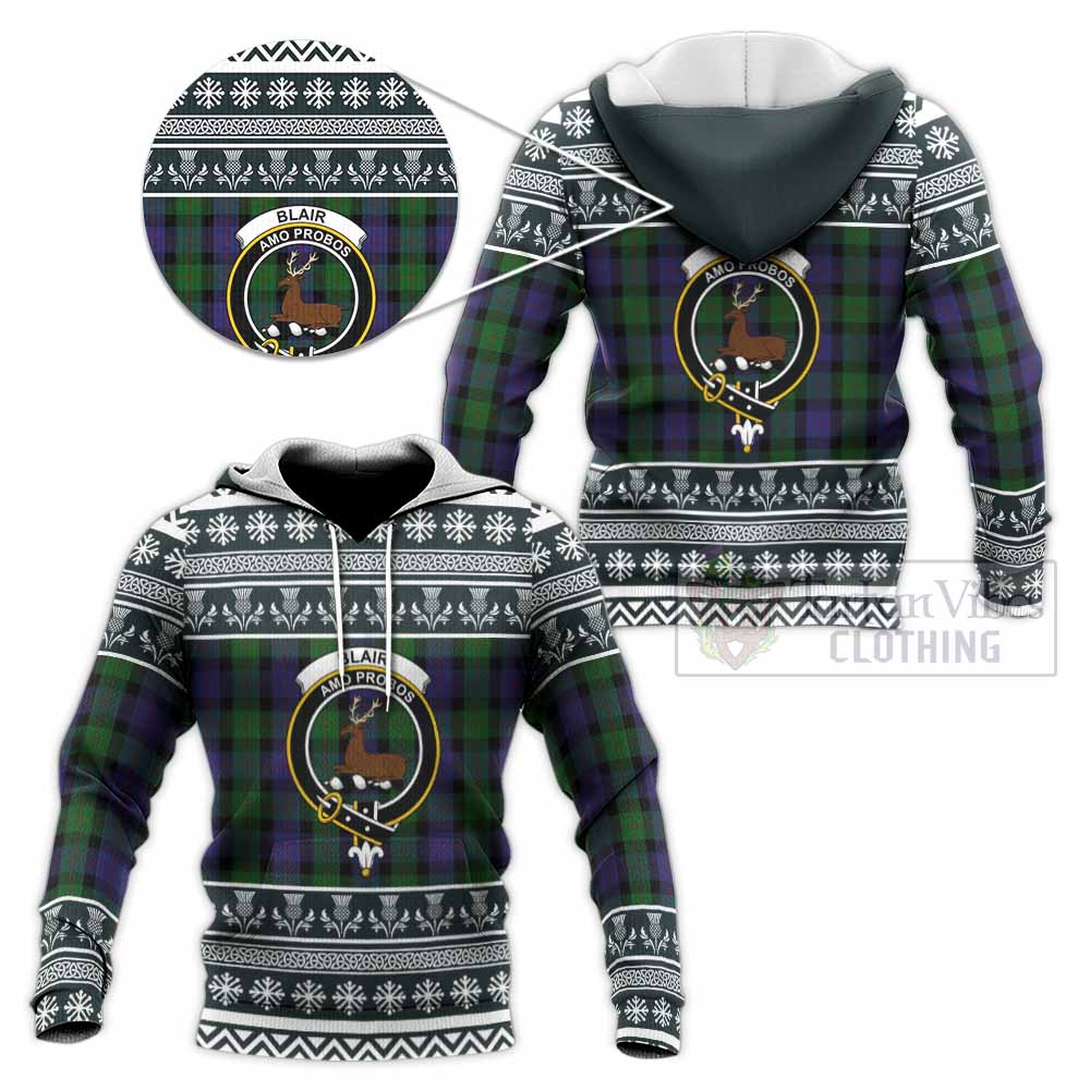 Blair Clan Tartan Christmas Knitted Hoodie with Family Crest - Tartan Vibes Clothing