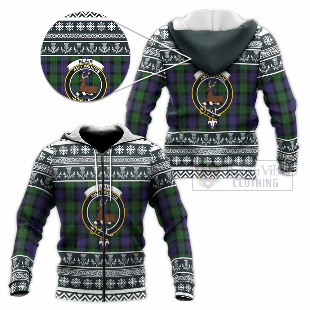 Blair Clan Tartan Christmas Knitted Hoodie with Family Crest - Tartan Vibes Clothing