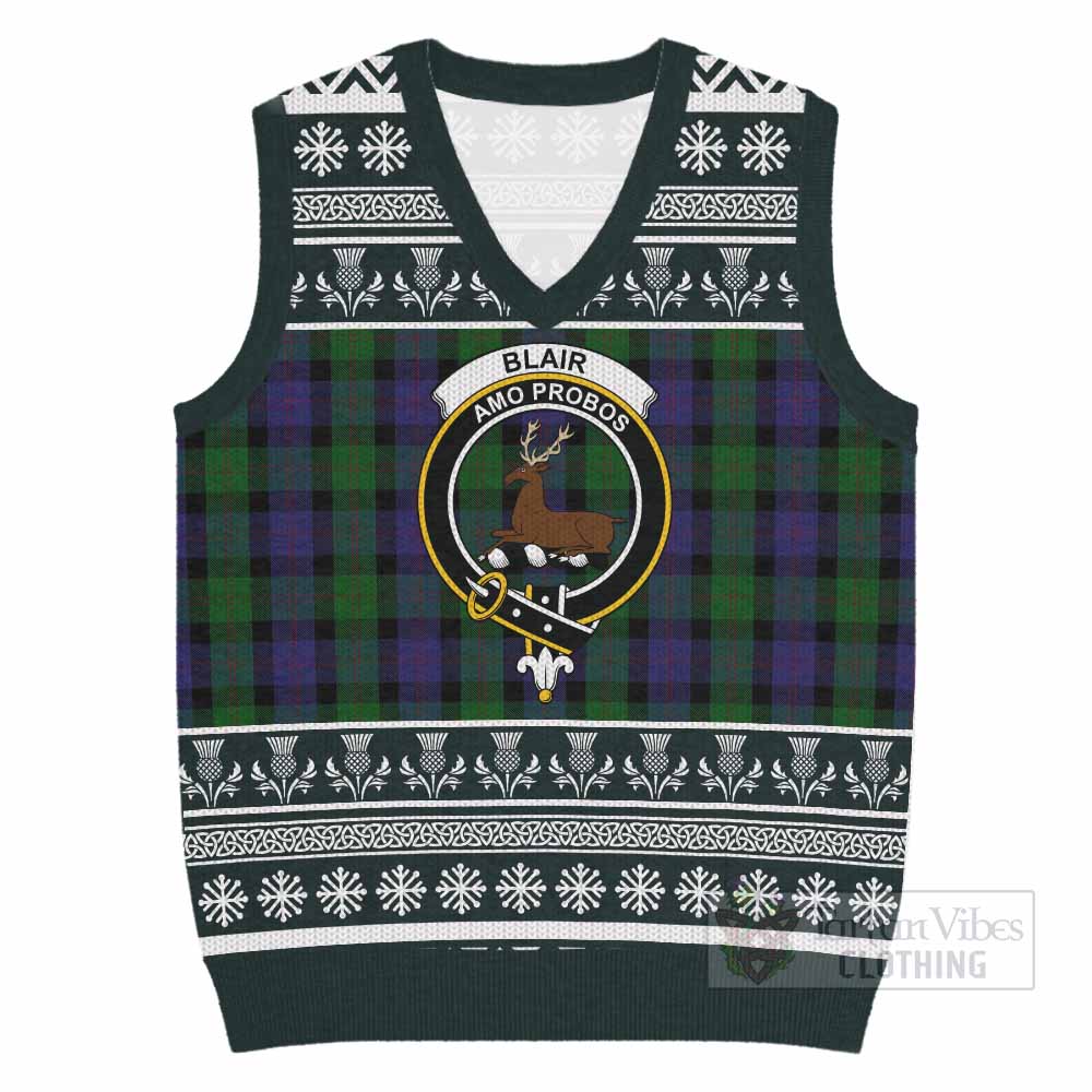 Blair Clan Tartan Christmas Knitted V-Neck Vest with Family Crest - Tartan Vibes Clothing