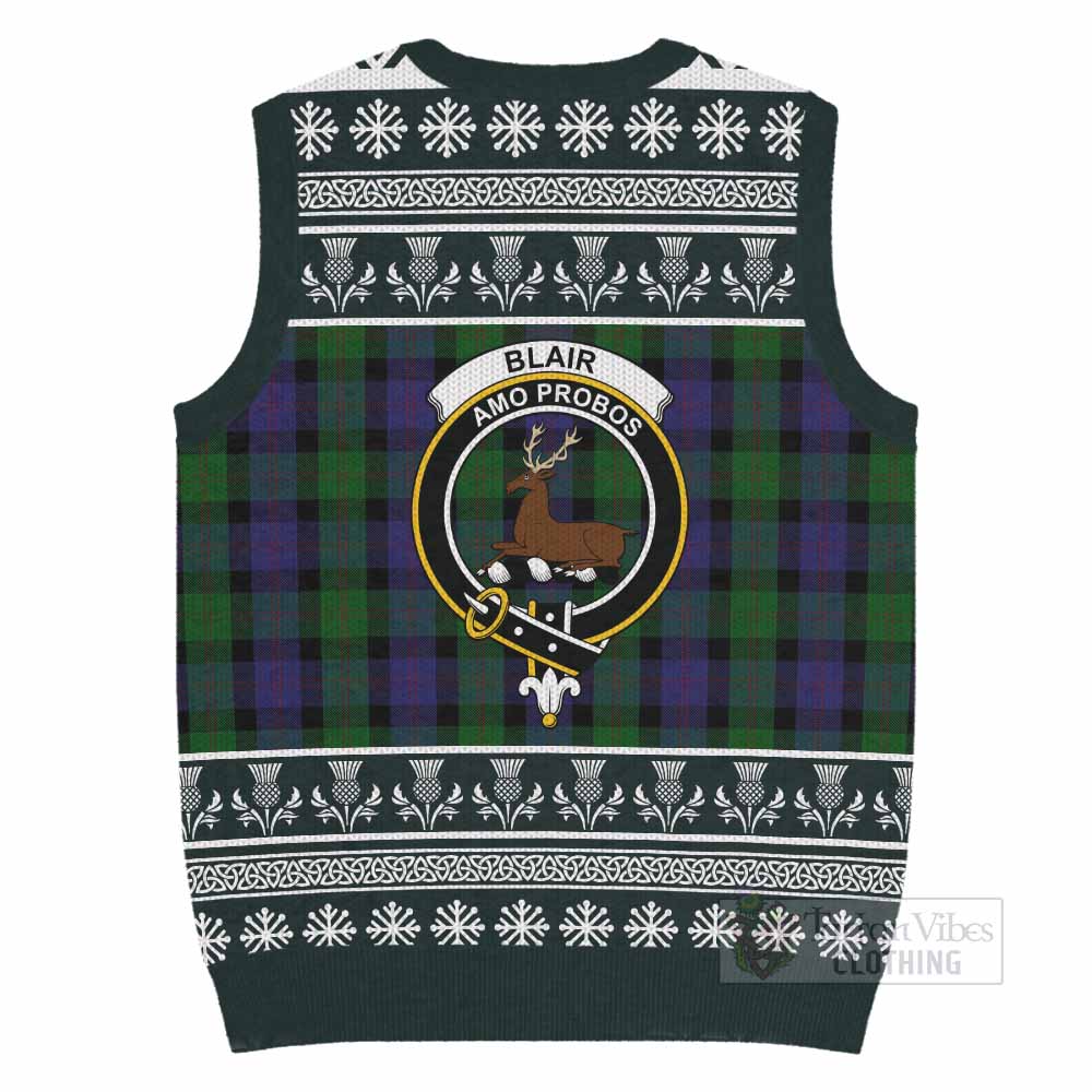 Blair Clan Tartan Christmas Knitted V-Neck Vest with Family Crest - Tartan Vibes Clothing