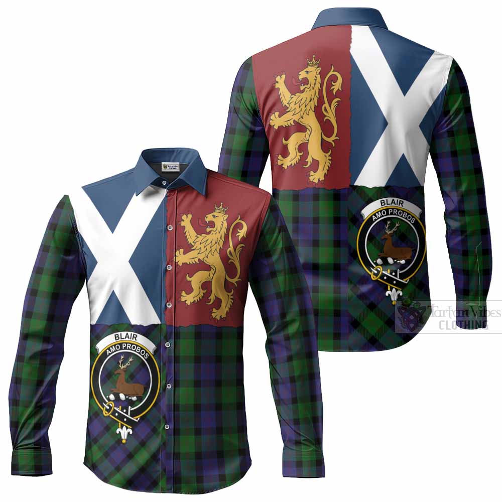 Blair Crest Tartan Long Sleeve Button Shirts with Lion Rampant Saltire Style