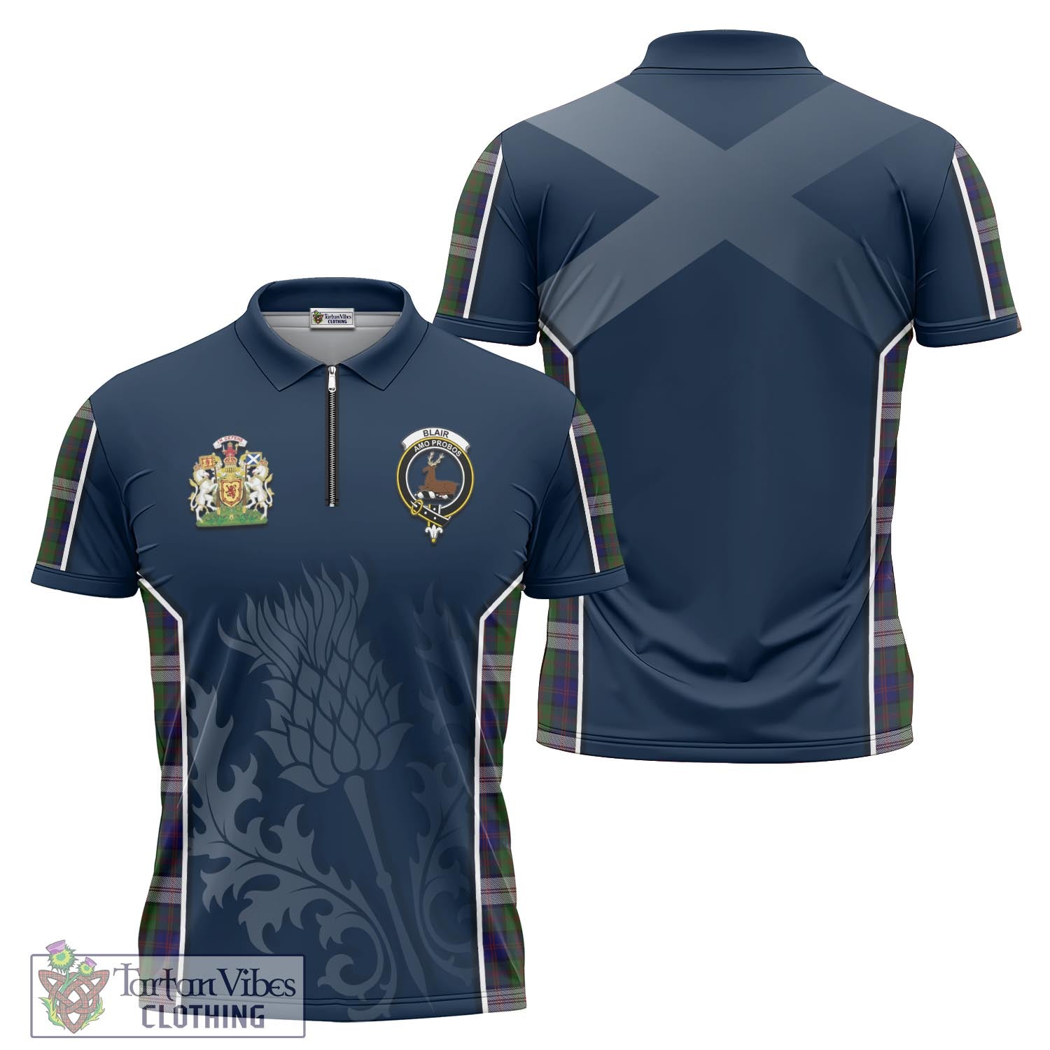 Tartan Vibes Clothing Blair Dress Tartan Zipper Polo Shirt with Family Crest and Scottish Thistle Vibes Sport Style