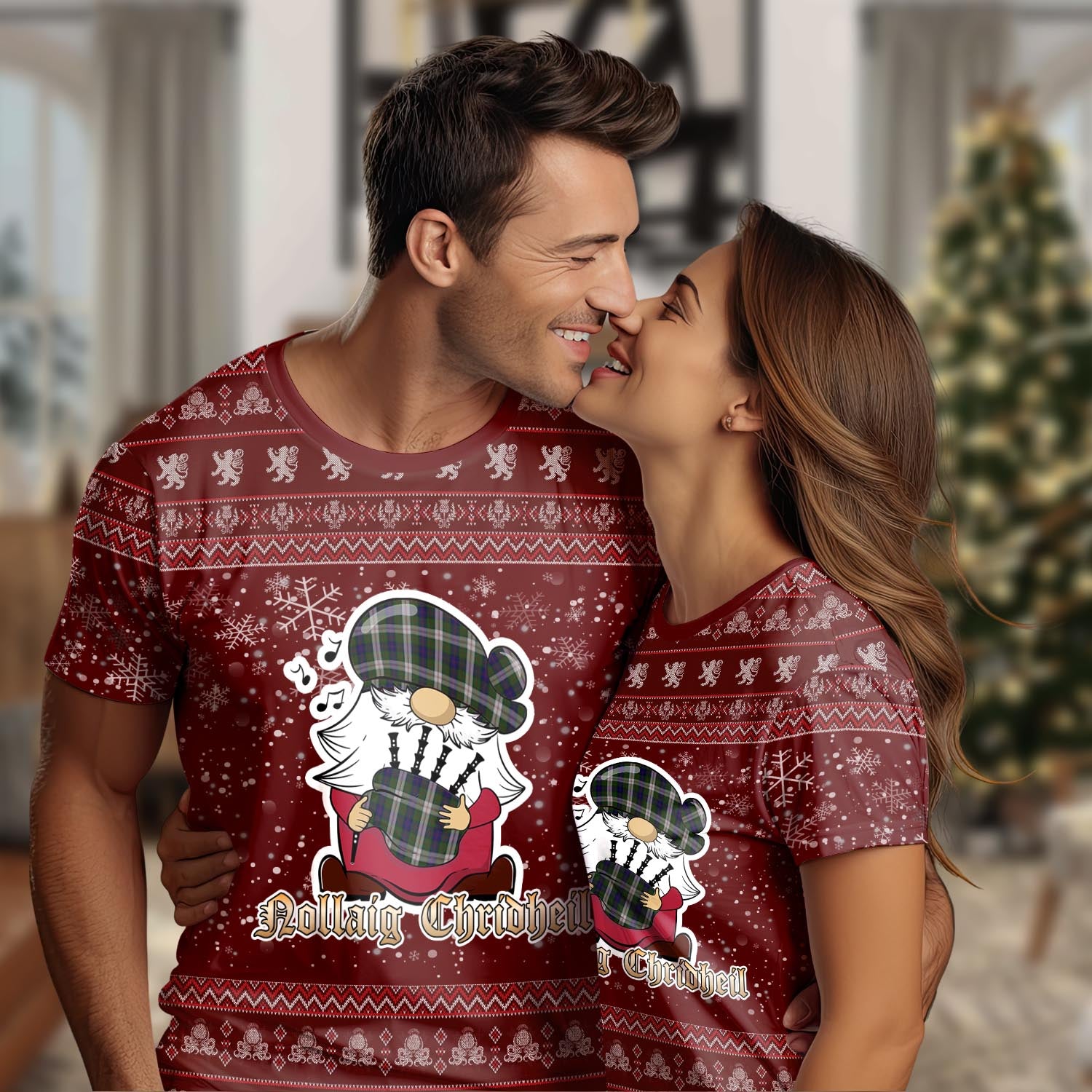 Blair Dress Clan Christmas Family T-Shirt with Funny Gnome Playing Bagpipes Women's Shirt Red - Tartanvibesclothing