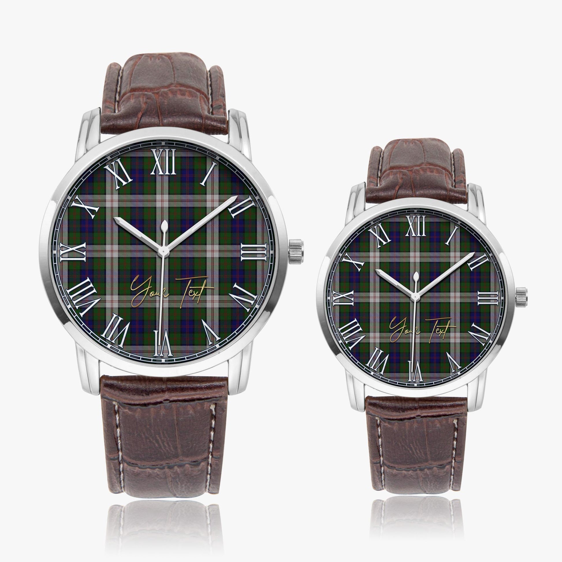 Blair Dress Tartan Personalized Your Text Leather Trap Quartz Watch Wide Type Silver Case With Brown Leather Strap - Tartanvibesclothing