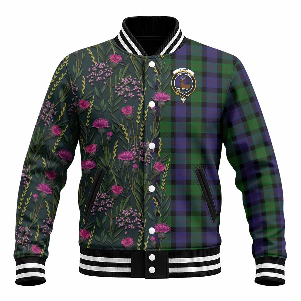 Blair Family Crest Tartan Baseball Jacket Scottish Thistle Flower Pattern Half Style - Tartan Vibes Clothing