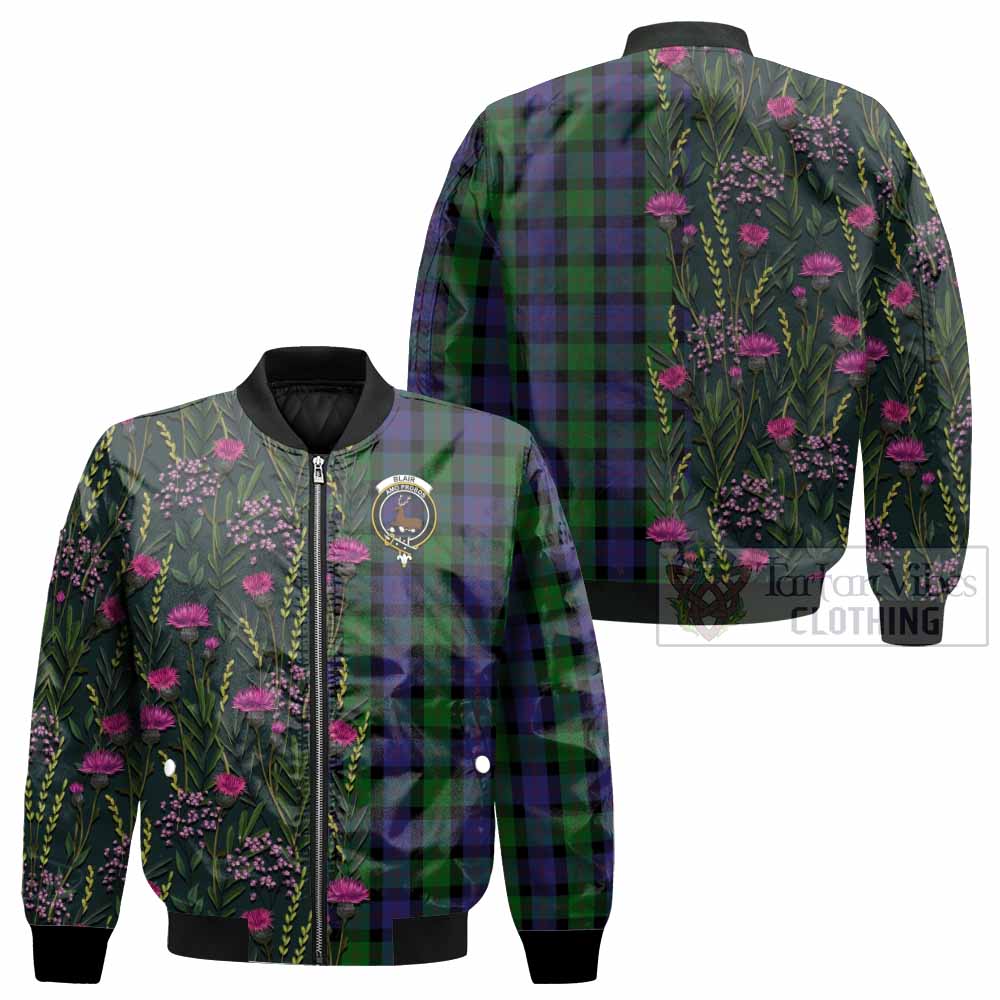 Blair Family Crest Tartan Bomber Jacket Scottish Thistle Flower Pattern Half Style - Tartan Vibes Clothing