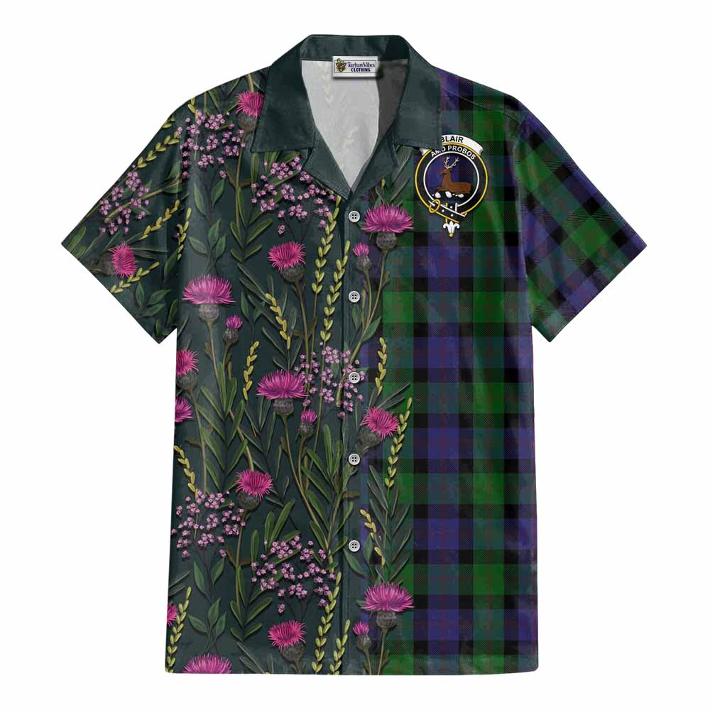 Blair Family Crest Tartan Cotton Hawaiian Shirt Scottish Thistle Flower Pattern Half Style - Tartan Vibes Clothing